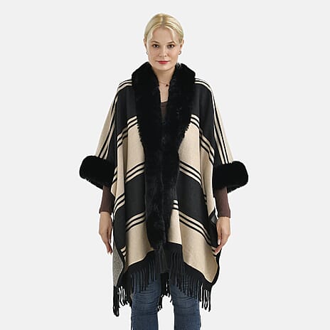 La Marey Faux Fur Trim Striped Poncho (One Size) - Black - White