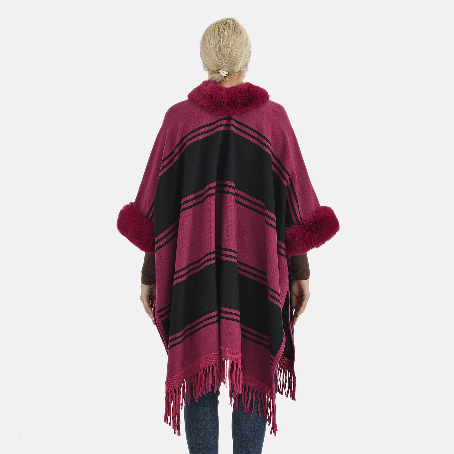 La Marey Faux Fur Trim Striped Poncho (One Size) - Black - Pink