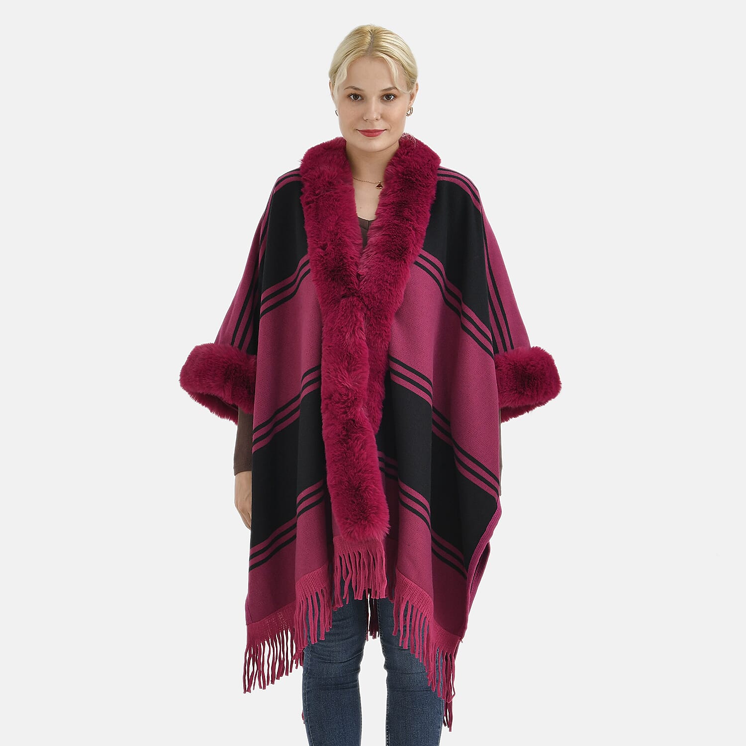 La Marey Faux Fur Trim Striped Poncho (One Size) - Black - Pink