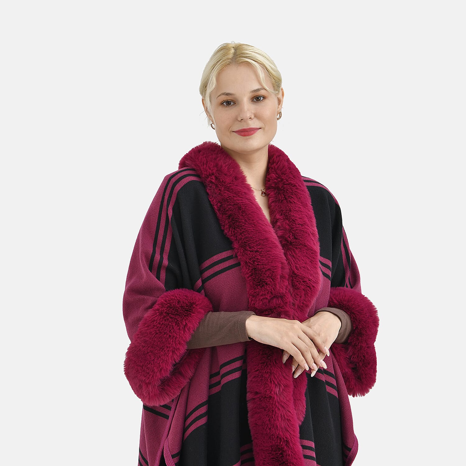 La Marey Faux Fur Trim Striped Poncho (One Size) - Black - Pink