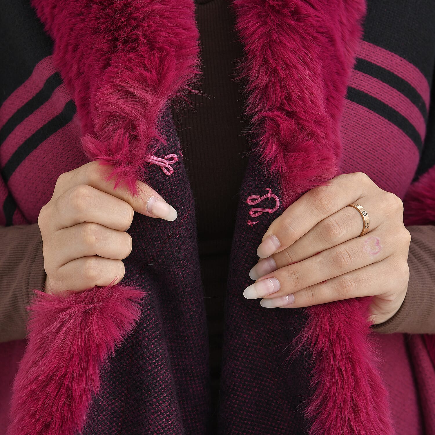 La Marey Faux Fur Trim Striped Poncho (One Size) - Black - Pink