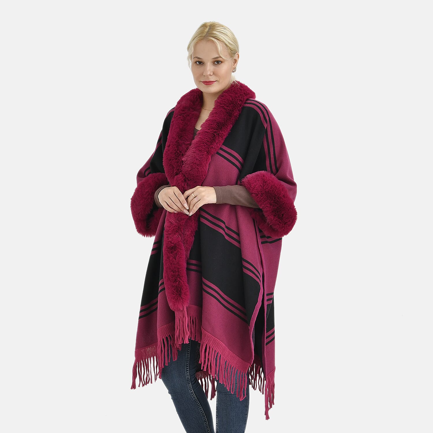 La Marey Faux Fur Trim Striped Poncho (One Size) - Black - Pink