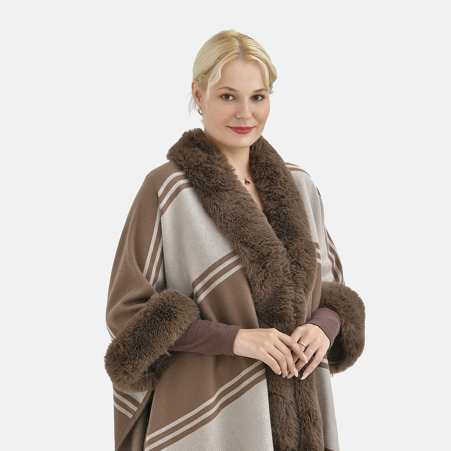 La Marey Warm Faux Fur Tassel Striped Poncho (One Size) - Brown & White La Marey Warm Faux Fur Tassel Striped Poncho (One Size) - Brown & White