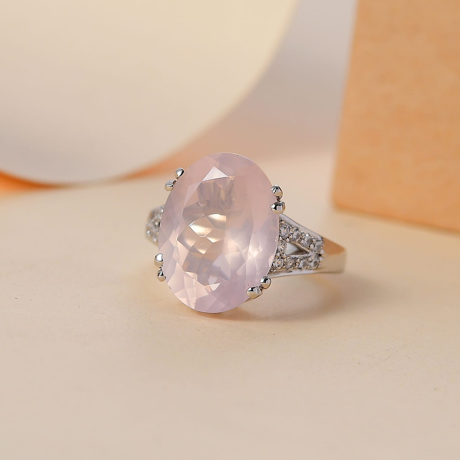 Natural Rose Quartz & Natural White Zircon Ring 8.436  Ct.