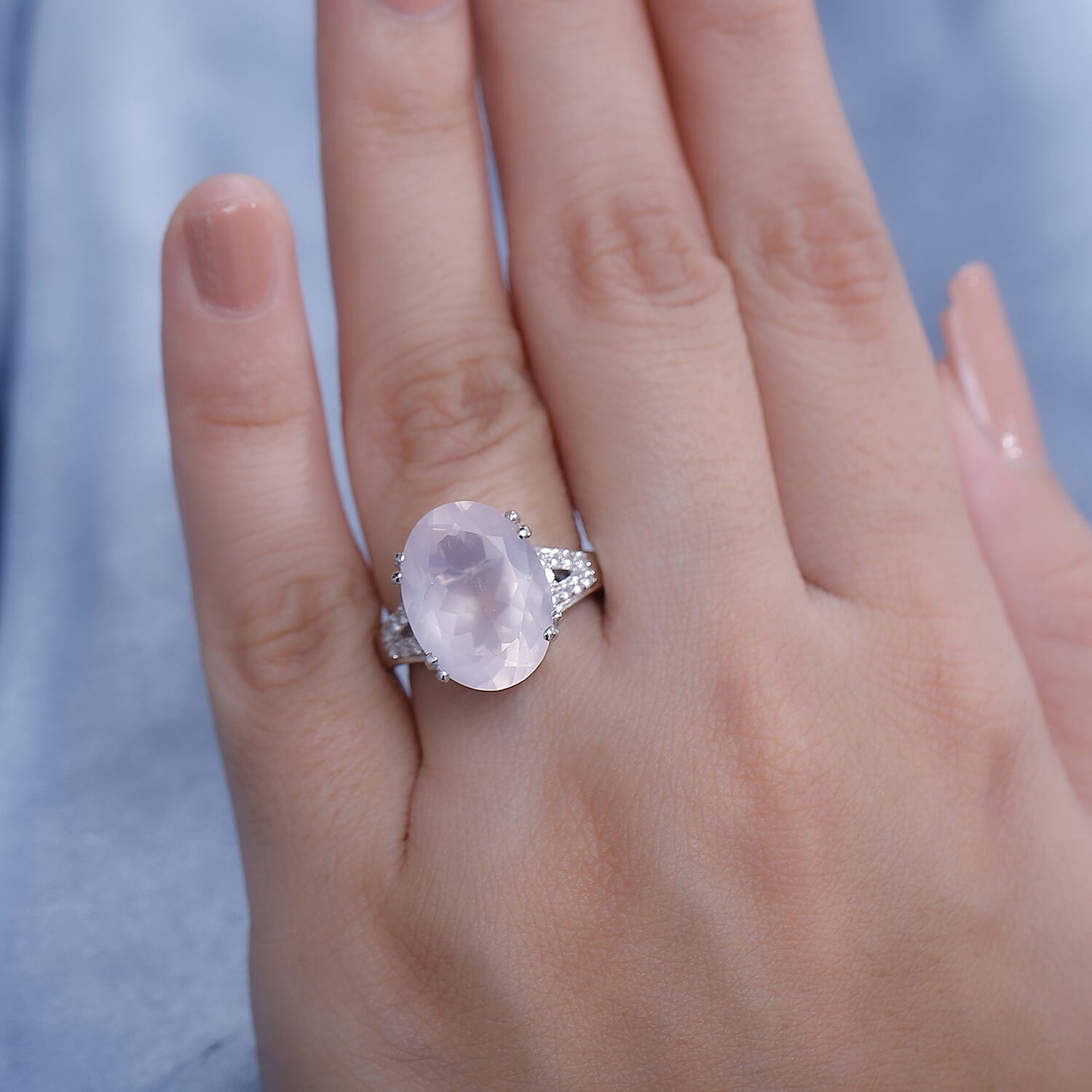 Natural Rose Quartz & Natural White Zircon Ring 8.436  Ct.