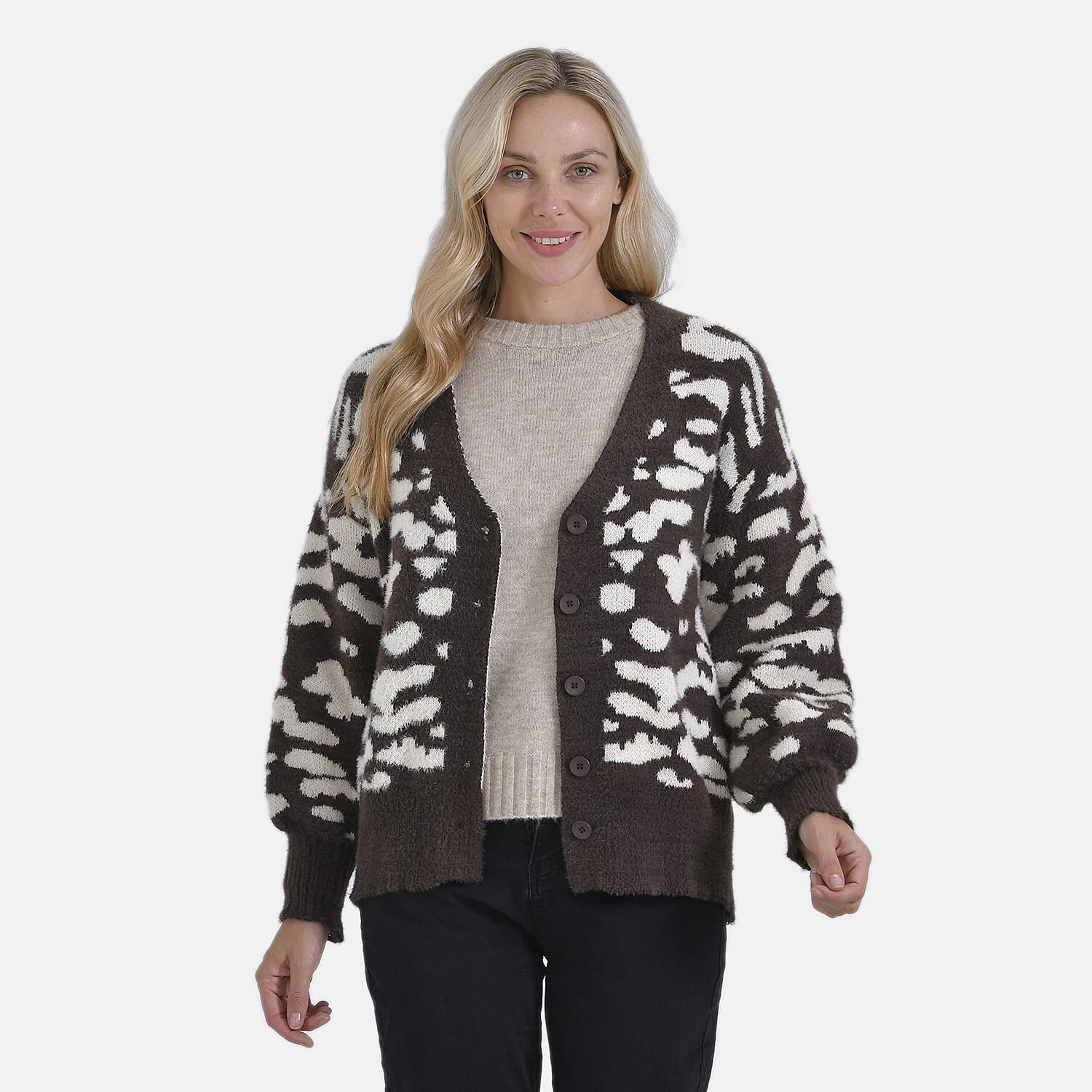 Tamsy Printed Cardigan - Brown & Beige Leopard Print
