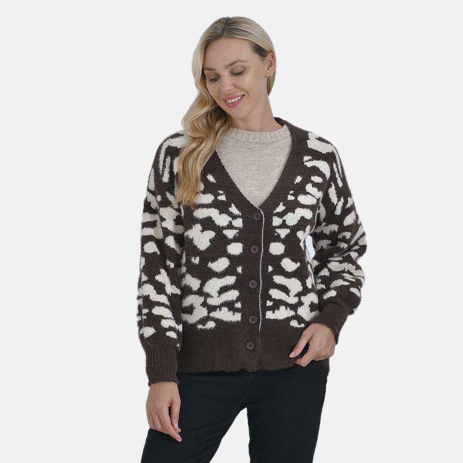 Tamsy Printed Cardigan - Brown & Beige Leopard Print