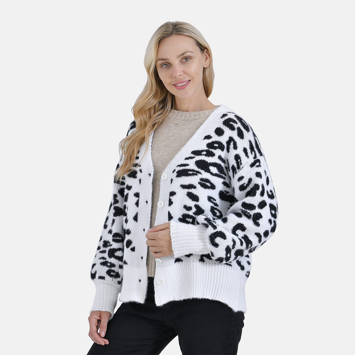 Tamsy Leopard Print Cardigan - White & Black Print