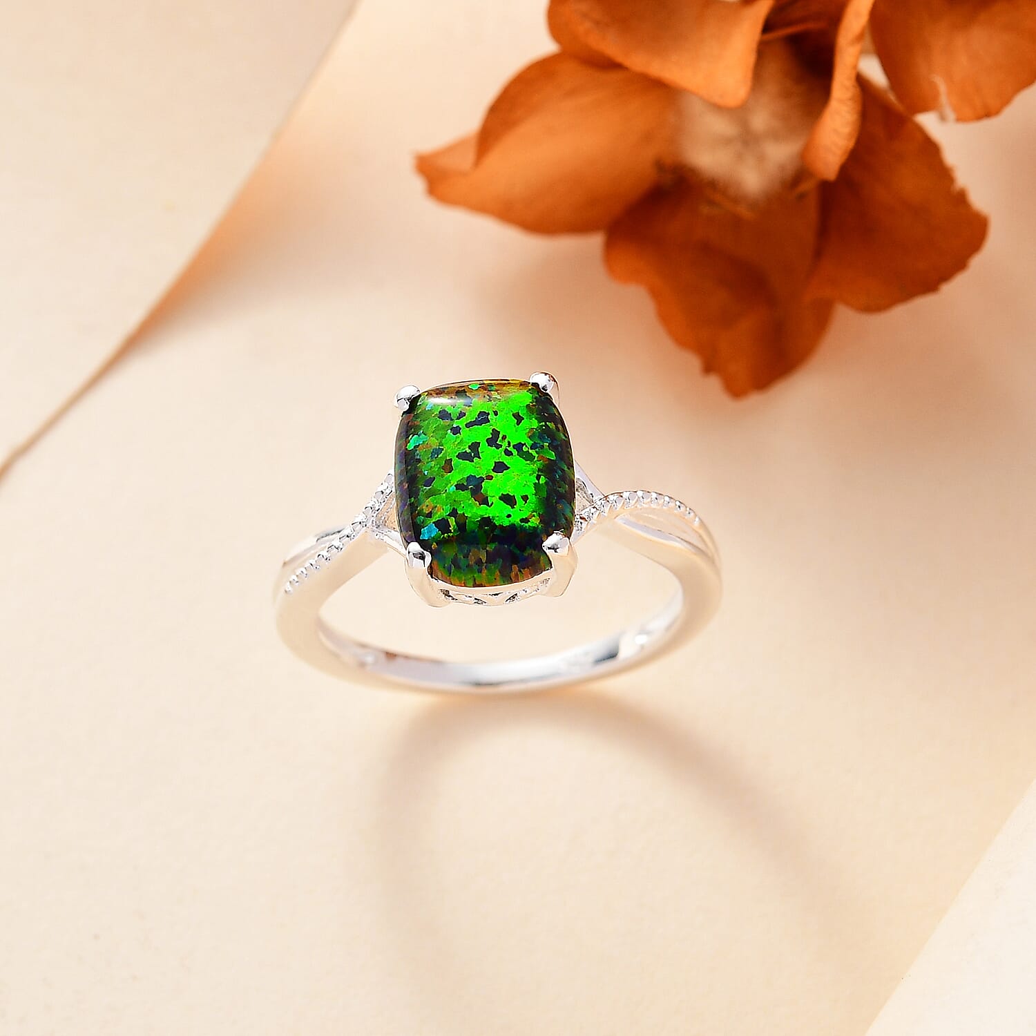Lab Created Black Opal Sterling Silver Ring  1.295  Ct.