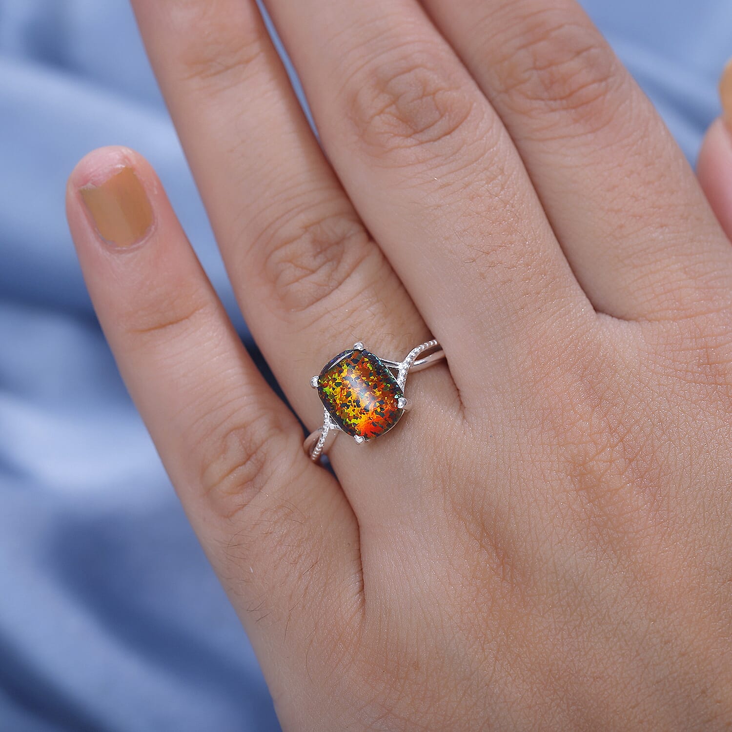 Lab Created Black Opal Sterling Silver Ring  1.295  Ct.