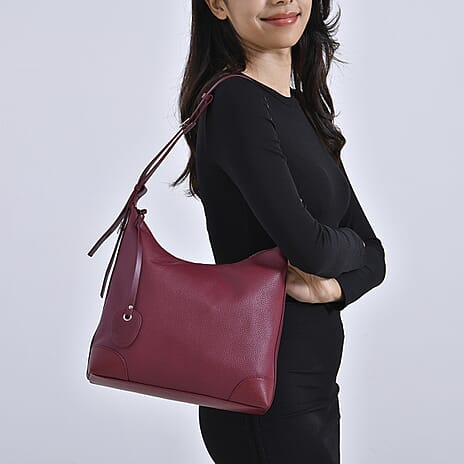 Genuine Leather Solid Crossbody Bag - Burgundy