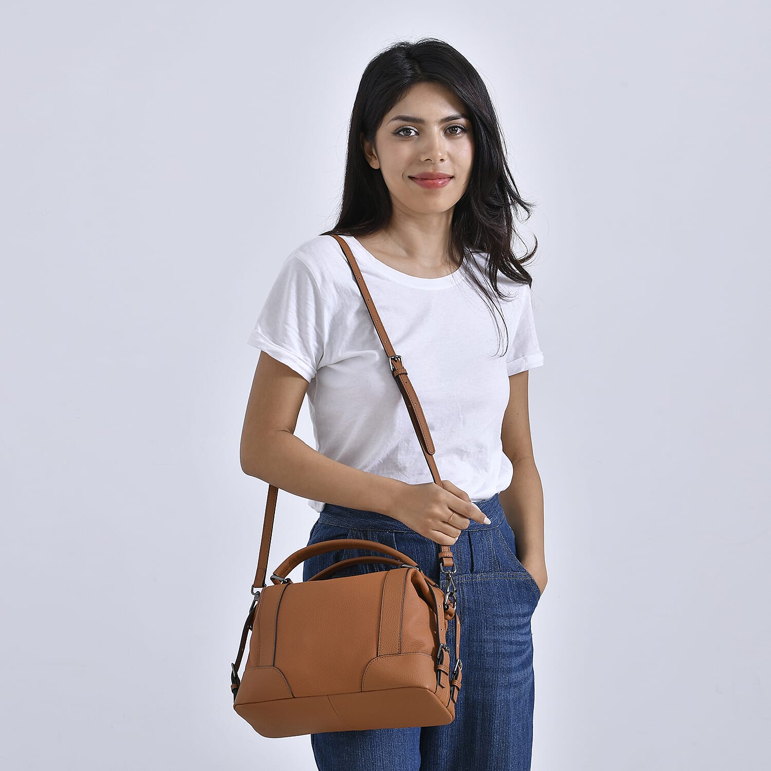 Leather Solid Crossbody Bag (Size 29x13x22 cm) - Tan & Green