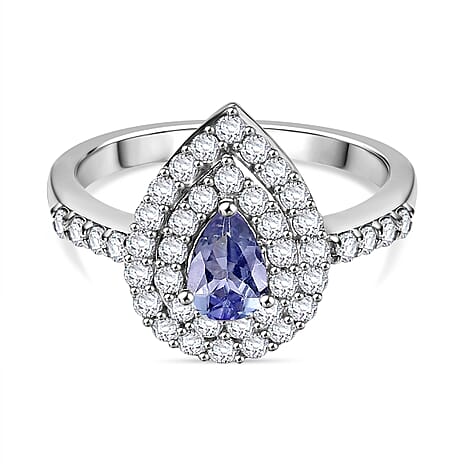 Peacock Tanzanite, White Zircon Ring in Rhodium Sterling 1.244 Ct.