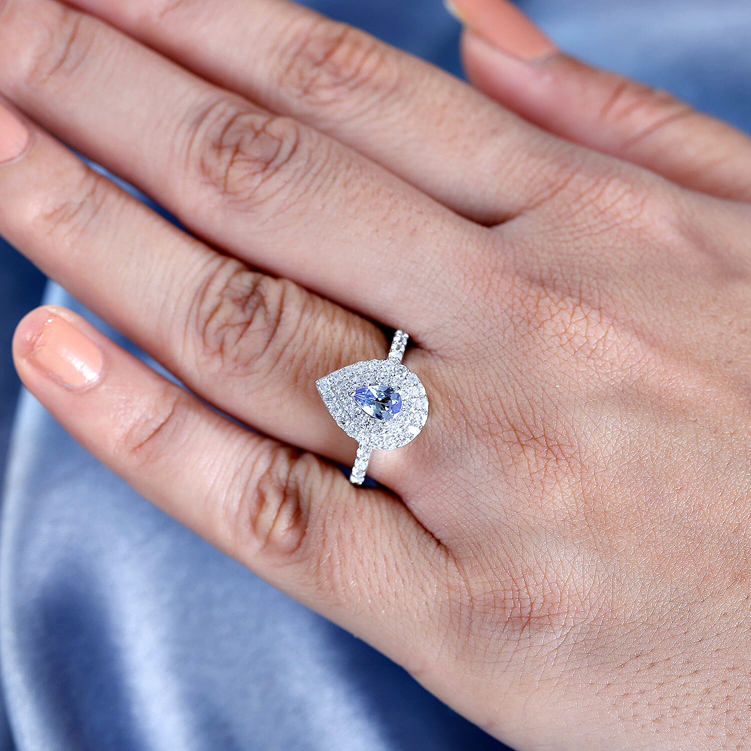 Peacock Tanzanite, White Zircon Ring in Rhodium Sterling 1.244 Ct.