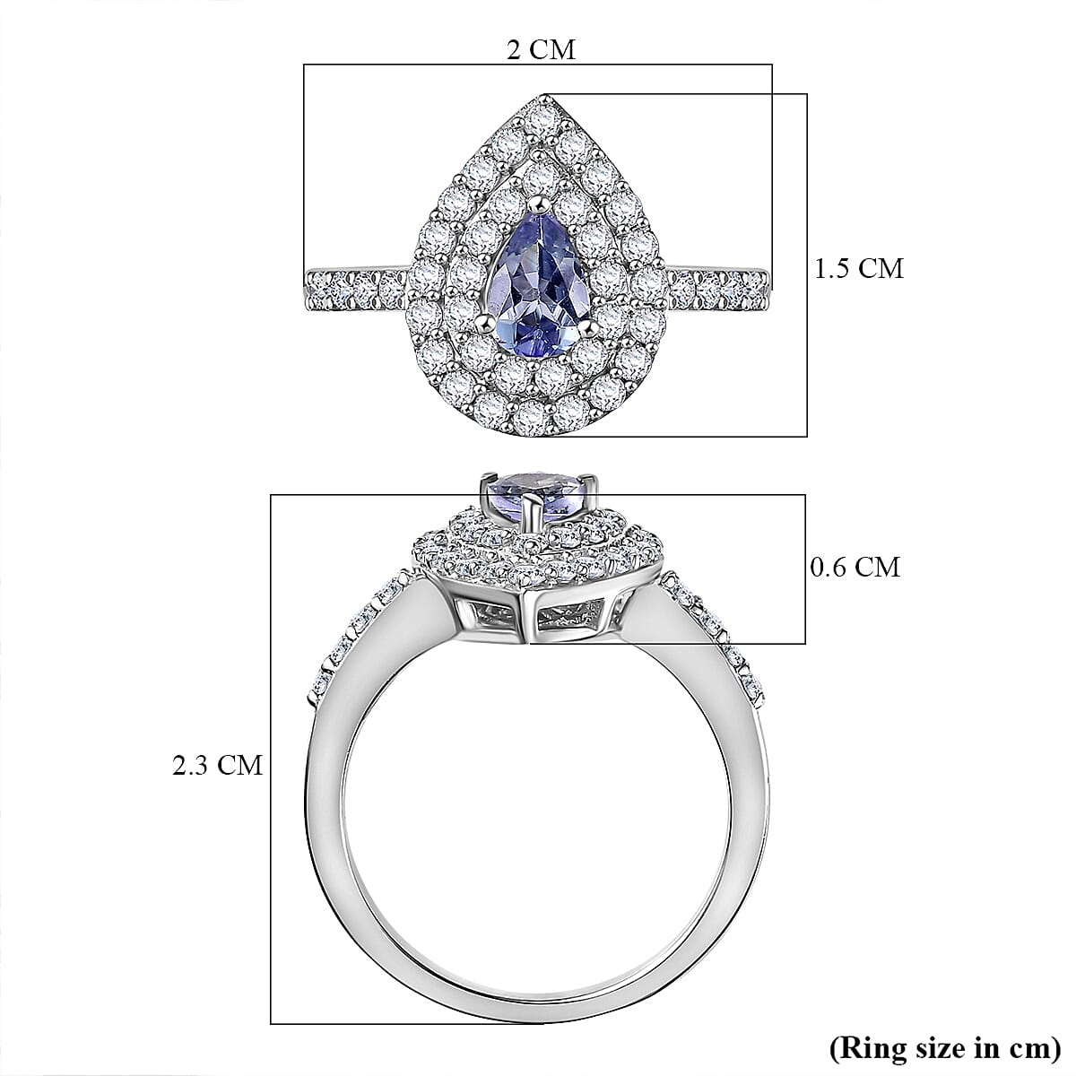 Peacock Tanzanite, White Zircon Ring in Rhodium Sterling 1.244 Ct.