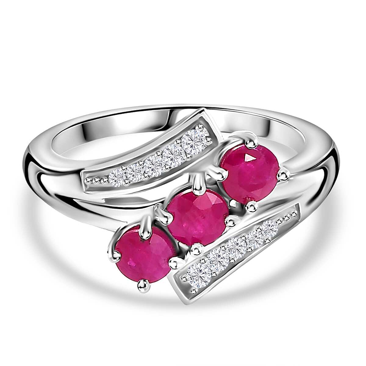 Mozambique Ruby, White Zircon Bypass Ring in Rhodium Overlay Sterling Silver