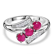 Mozambique Ruby, White Zircon Bypass Ring in Rhodium Overlay Sterling Silver