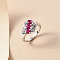 Mozambique Ruby, White Zircon Bypass Ring in Rhodium Overlay Sterling Silver