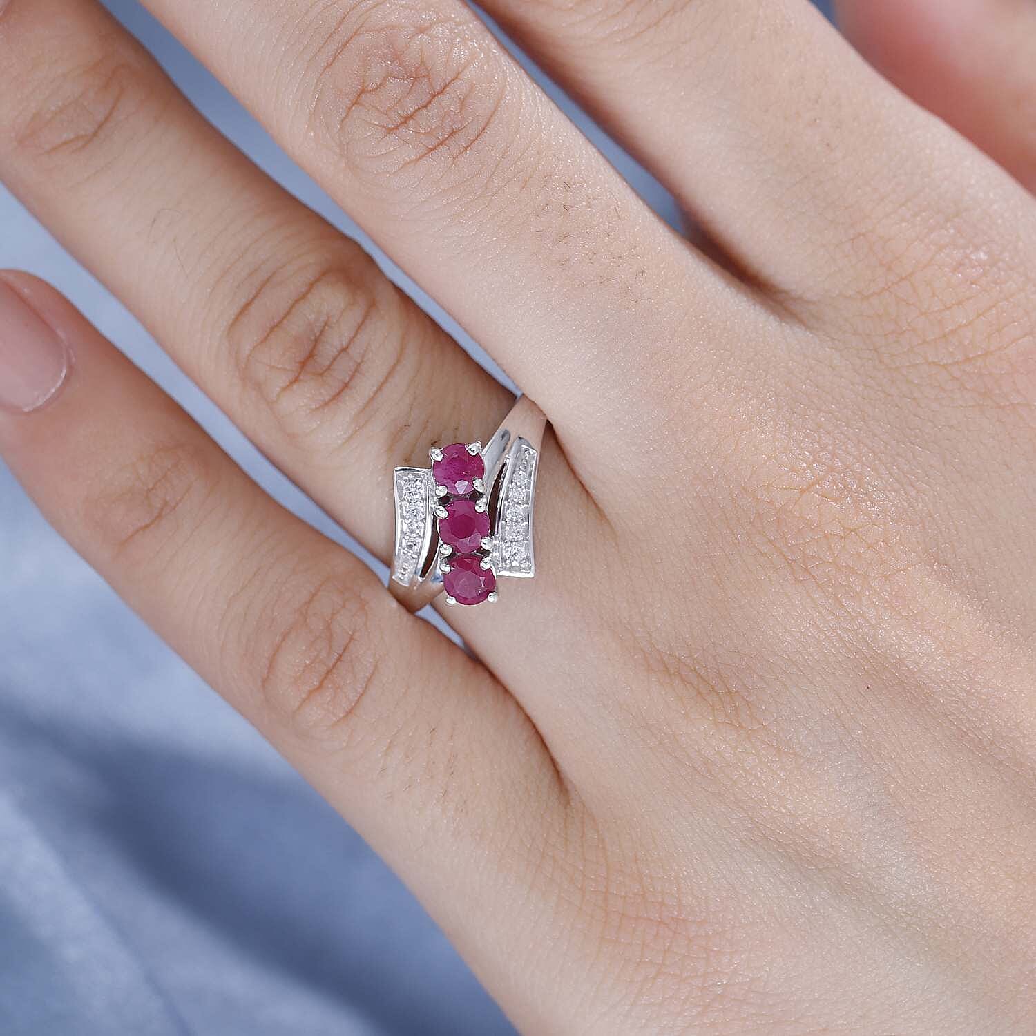 Gemfields Montepuez Ruby & Zircon Bypass Trilogy Ring in Rhodium Overlay Sterling Silver 1.25 ct