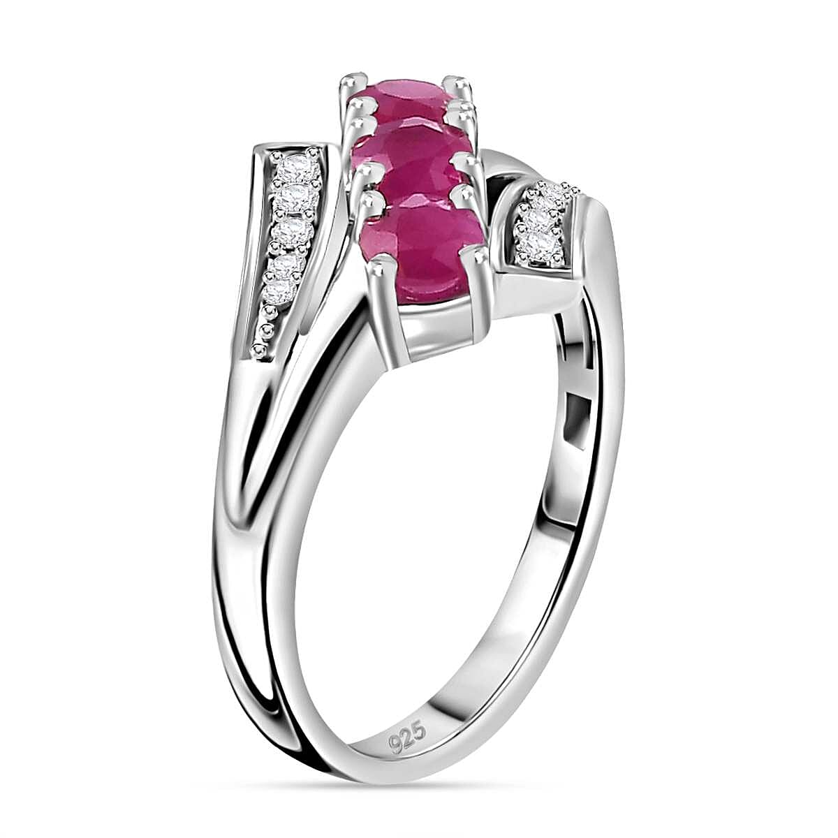 Gemfields Montepuez Ruby & Zircon Bypass Trilogy Ring in Rhodium Overlay Sterling Silver 1.25 ct