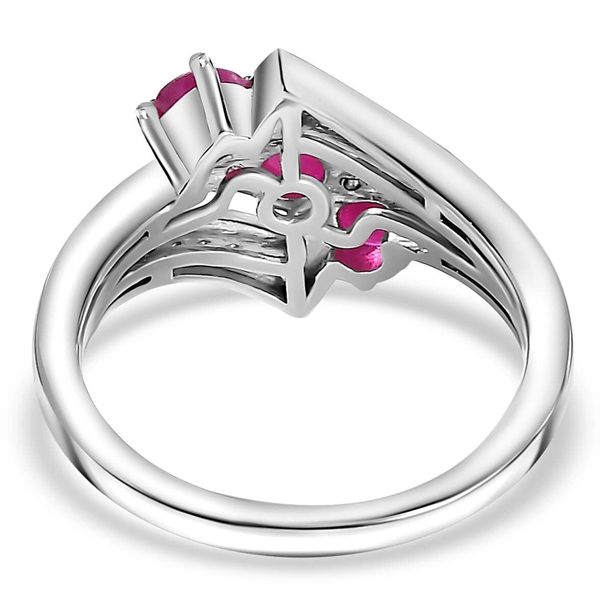 Gemfields Montepuez Ruby & Zircon Bypass Trilogy Ring in Rhodium Overlay Sterling Silver 1.25 ct