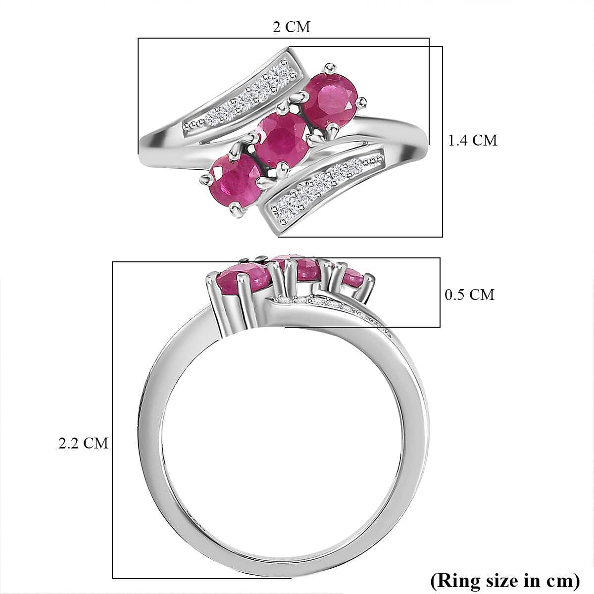 Gemfields Montepuez Ruby & Zircon Bypass Trilogy Ring in Rhodium Overlay Sterling Silver 1.25 ct