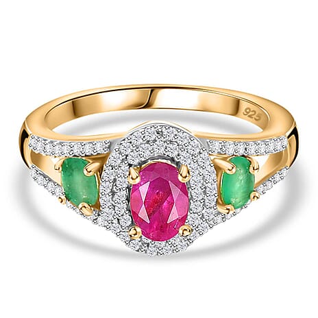 Gemfields Montepuez Ruby, Emerald & White Zircon Ring in 18K Vermeil Yellow Gold Plated Sterling Silver 1.24 Ct.