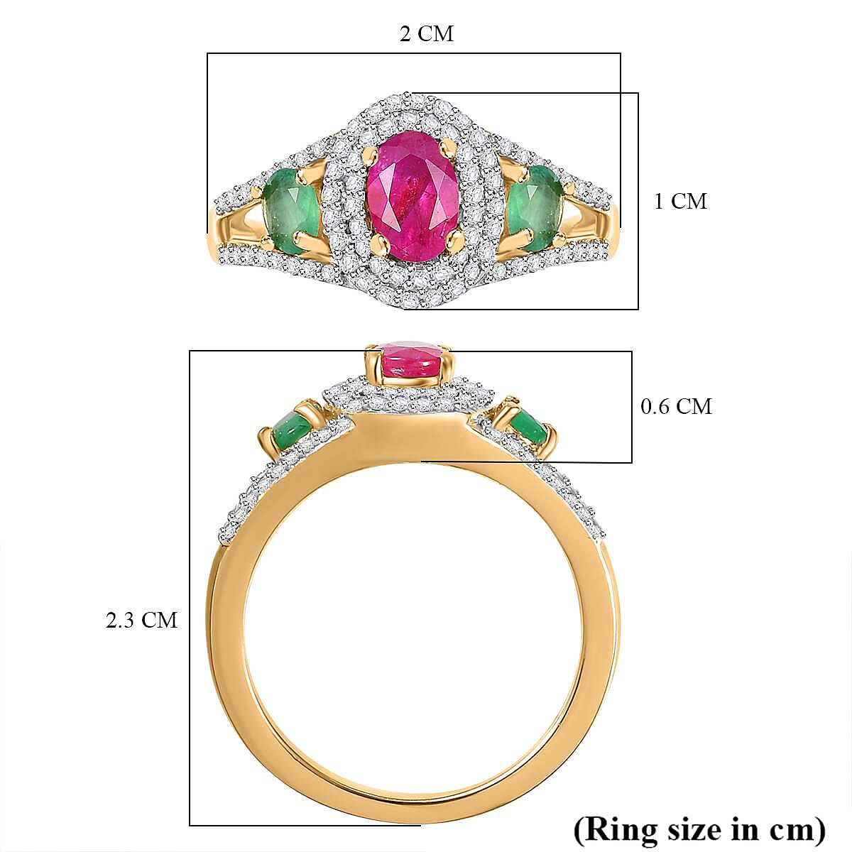 Gemfields Montepuez Ruby, Emerald & White Zircon Ring in 18K Vermeil Yellow Gold Plated Sterling Silver 1.24 Ct. Gemfields Montepuez Ruby, Emerald & White Zircon Ring in 18K Vermeil Yellow Gold Plated Sterling Silver 1.24 Ct.