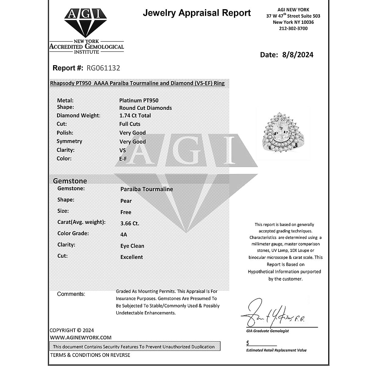 950 Platinum AAAA Paraiba Tourmaline White Diamond VS Ring 5.40 ct, Platinum Wt. 14.44 Gms 5.400 Ct. 950 Platinum AAAA Paraiba Tourmaline White Diamond VS Ring 5.40 ct, Platinum Wt. 14.44 Gms 5.400 Ct.