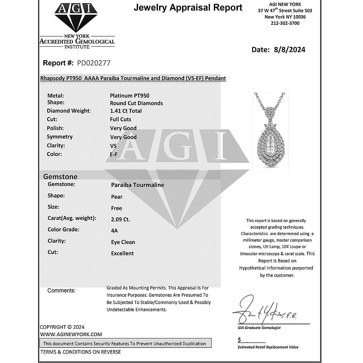950 Platinum AAAA Paraiba Tourmaline White Diamond VS Pendant 3.50 ct, Platinum Wt. 16.97 Gms 3.500 Ct. 950 Platinum AAAA Paraiba Tourmaline White Diamond VS Pendant 3.50 ct, Platinum Wt. 16.97 Gms 3.500 Ct.