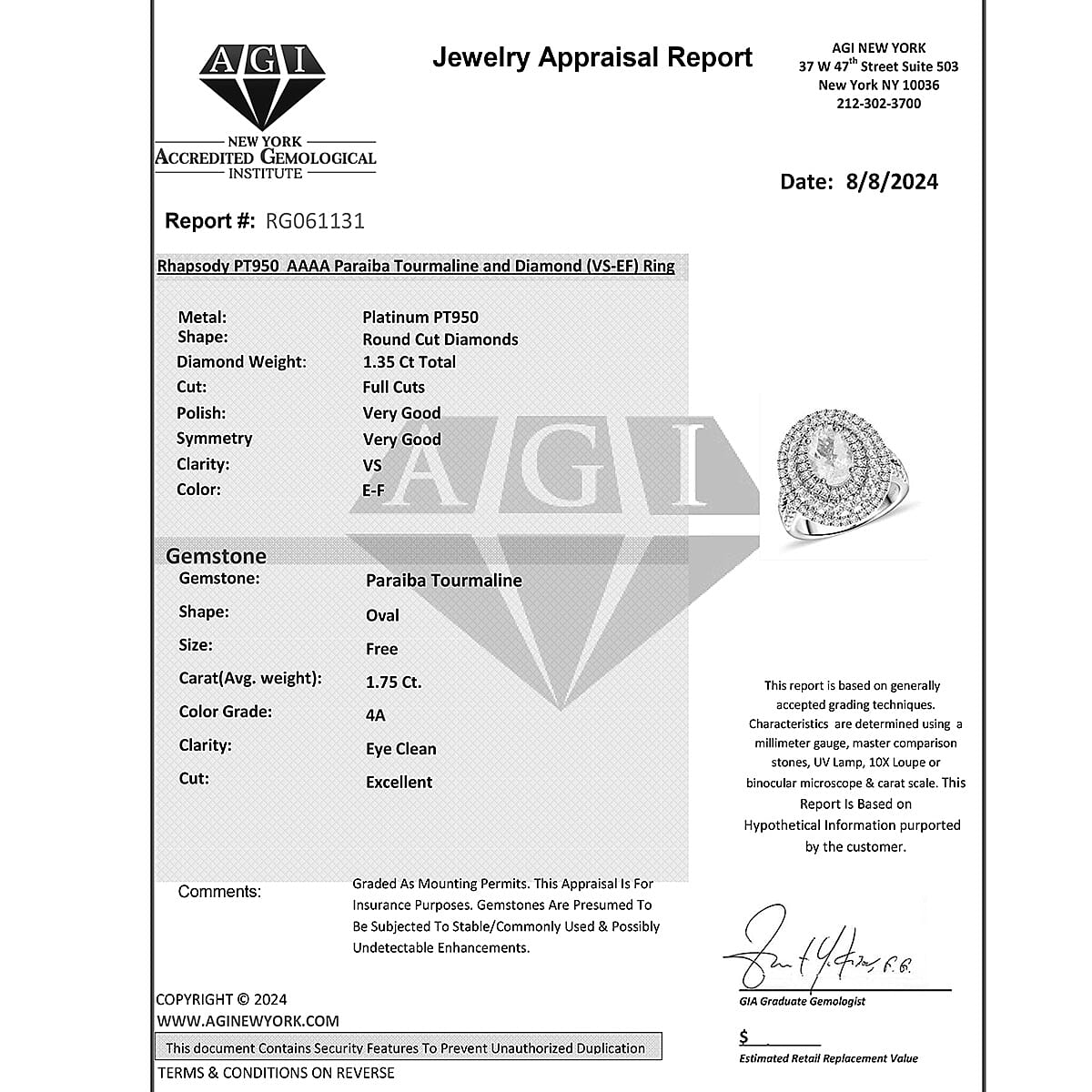 950 Platinum  AAAA  Paraiba Tourmaline   White Diamond  VS Ring 3.10 ct,  Platinum Wt. 13.33 Gms  3.100  Ct.