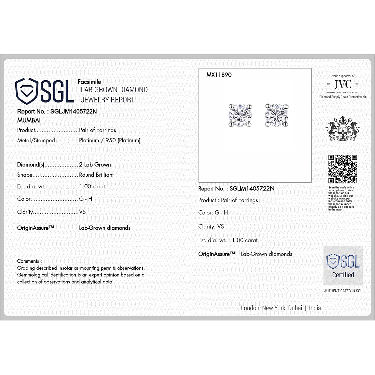 Luxuriant - 950 Platinum Lab Grown Diamond SGL Certified (VS-GH) Earring with Screw Back 1.00 Ct.