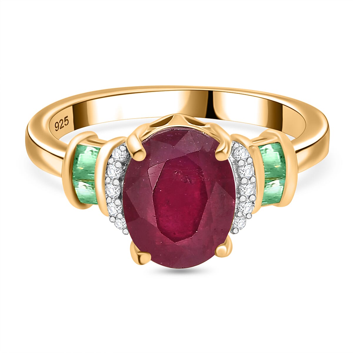 African Ruby ,  White Zircon ,  Zambian Emerald  Main Stone With Side Stone Ring in 18K YG Vermeil Sterling Silver 2.72 ct  3.158  Ct.