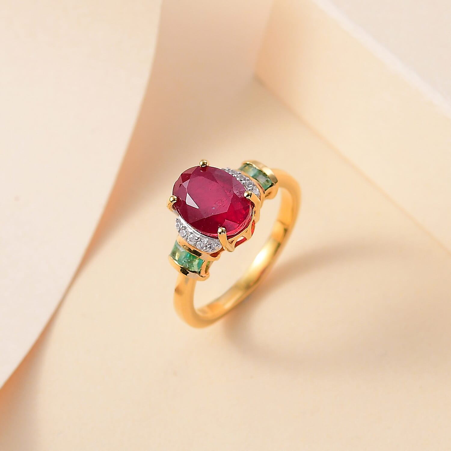 African Ruby ,  White Zircon ,  Zambian Emerald  Main Stone With Side Stone Ring in 18K YG Vermeil Sterling Silver 2.72 ct  3.158  Ct.