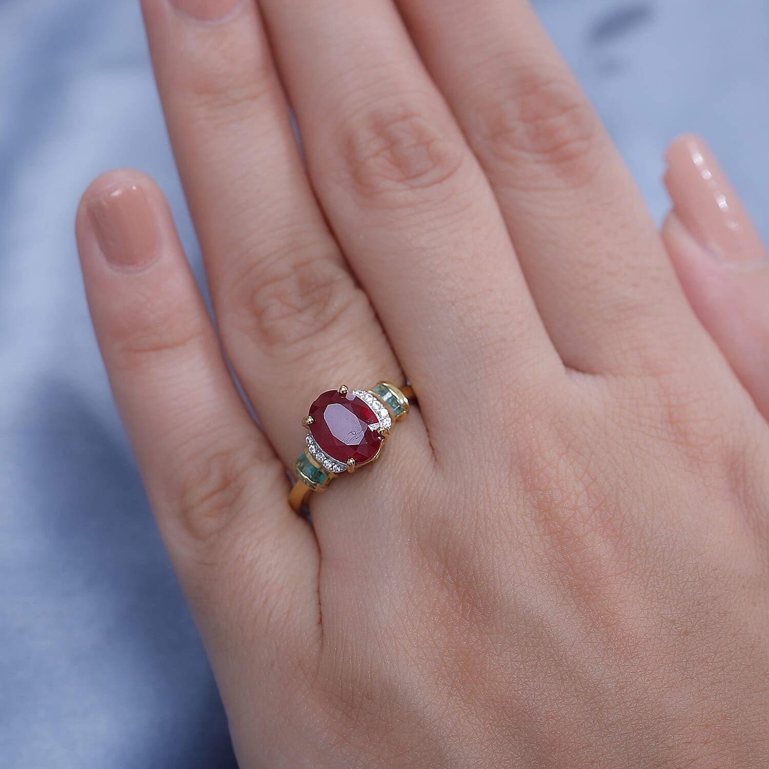 African Ruby ,  White Zircon ,  Zambian Emerald  Main Stone With Side Stone Ring in 18K YG Vermeil Sterling Silver 2.72 ct  3.158  Ct.