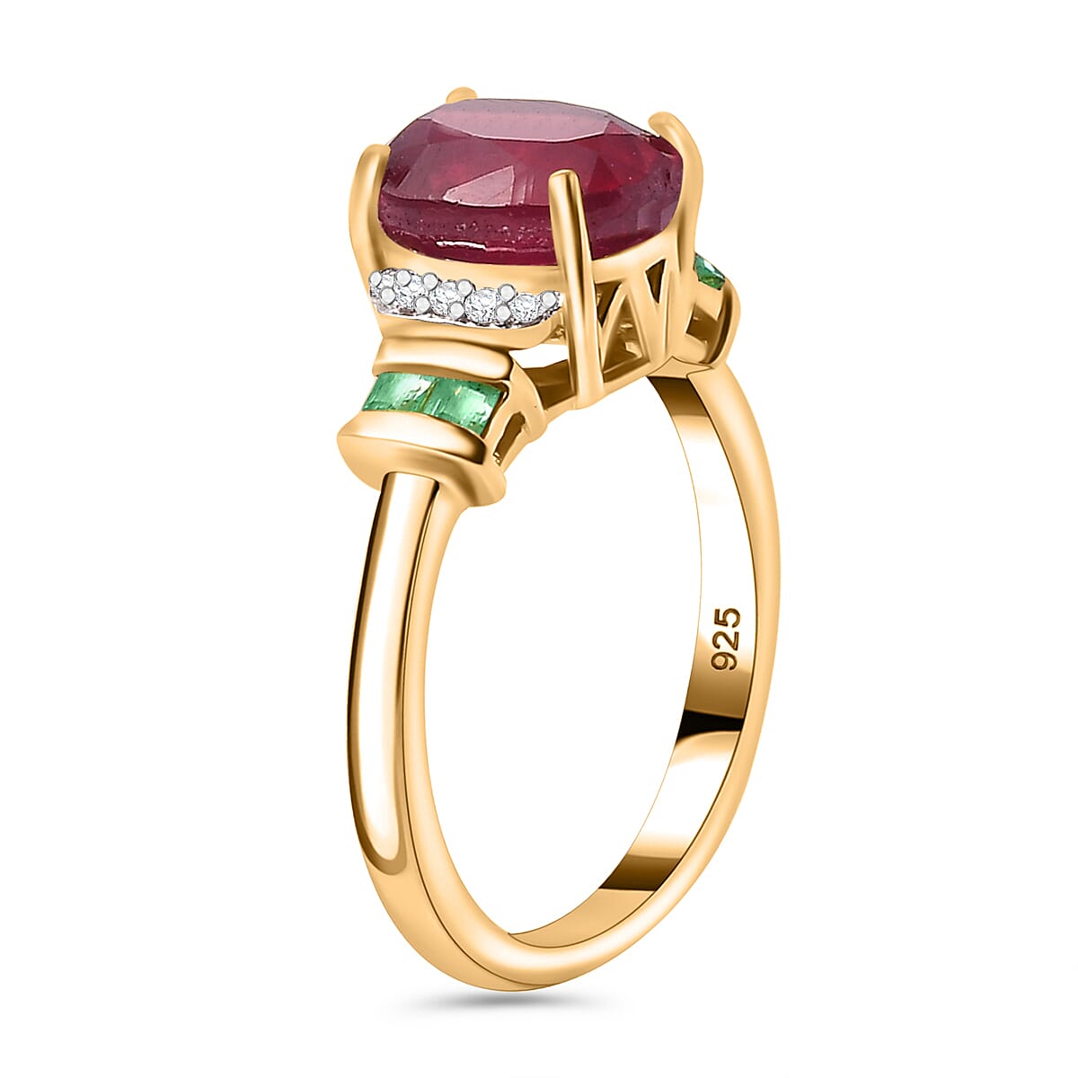 African Ruby ,  White Zircon ,  Zambian Emerald  Main Stone With Side Stone Ring in 18K YG Vermeil Sterling Silver 2.72 ct  3.158  Ct.