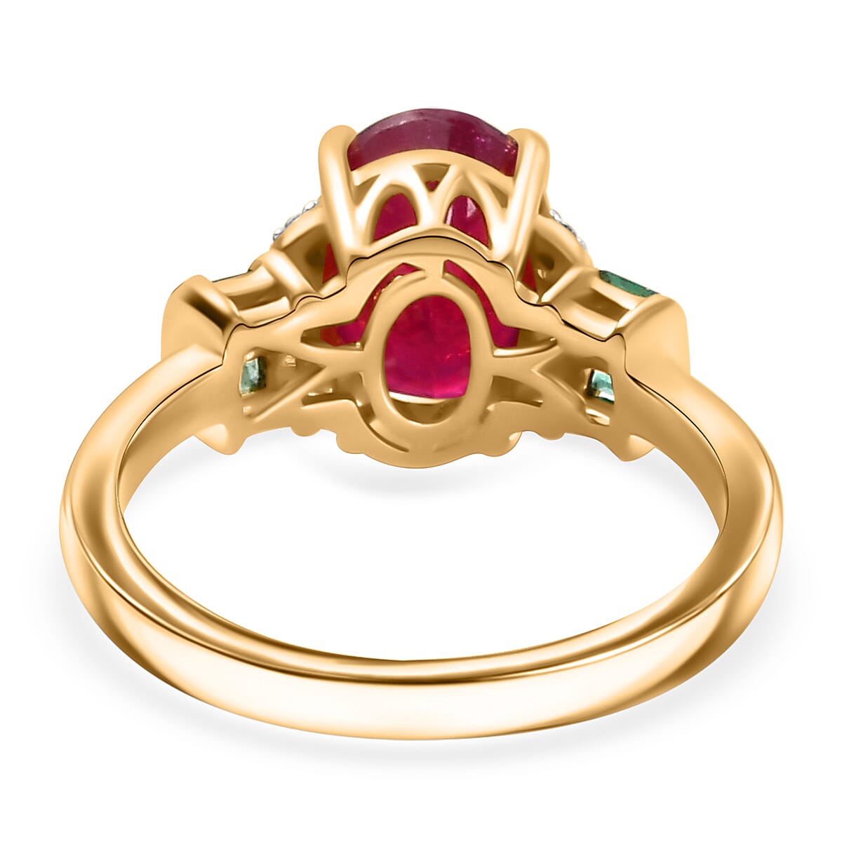 African Ruby ,  White Zircon ,  Zambian Emerald  Main Stone With Side Stone Ring in 18K YG Vermeil Sterling Silver 2.72 ct  3.158  Ct.