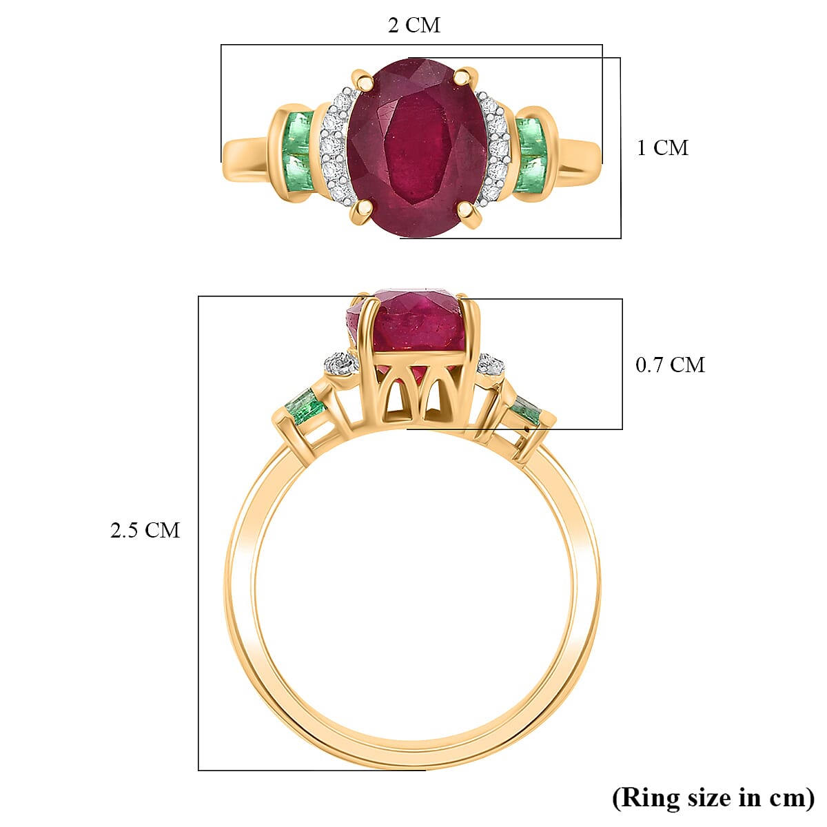African Ruby ,  White Zircon ,  Zambian Emerald  Main Stone With Side Stone Ring in 18K YG Vermeil Sterling Silver 2.72 ct  3.158  Ct.