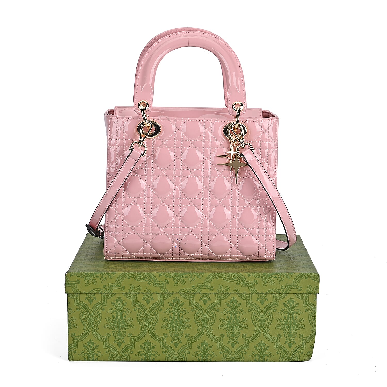 Leather Lattice Crossbody Bag (Size 24x10x20 cm) - Pink & Camel