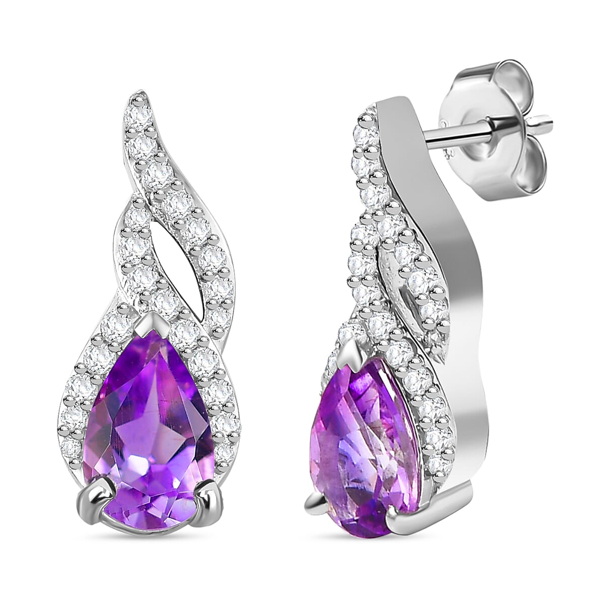 Moroccan Amethyst & White Zircon SolitaireStud Push Post Earring With Push Back in Rhodium Overlay Sterling Silver 1.97 Ct.