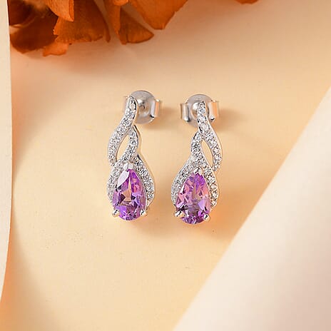Moroccan Amethyst & White Zircon SolitaireStud Push Post Earring With Push Back in Rhodium Overlay Sterling Silver 1.97 Ct.