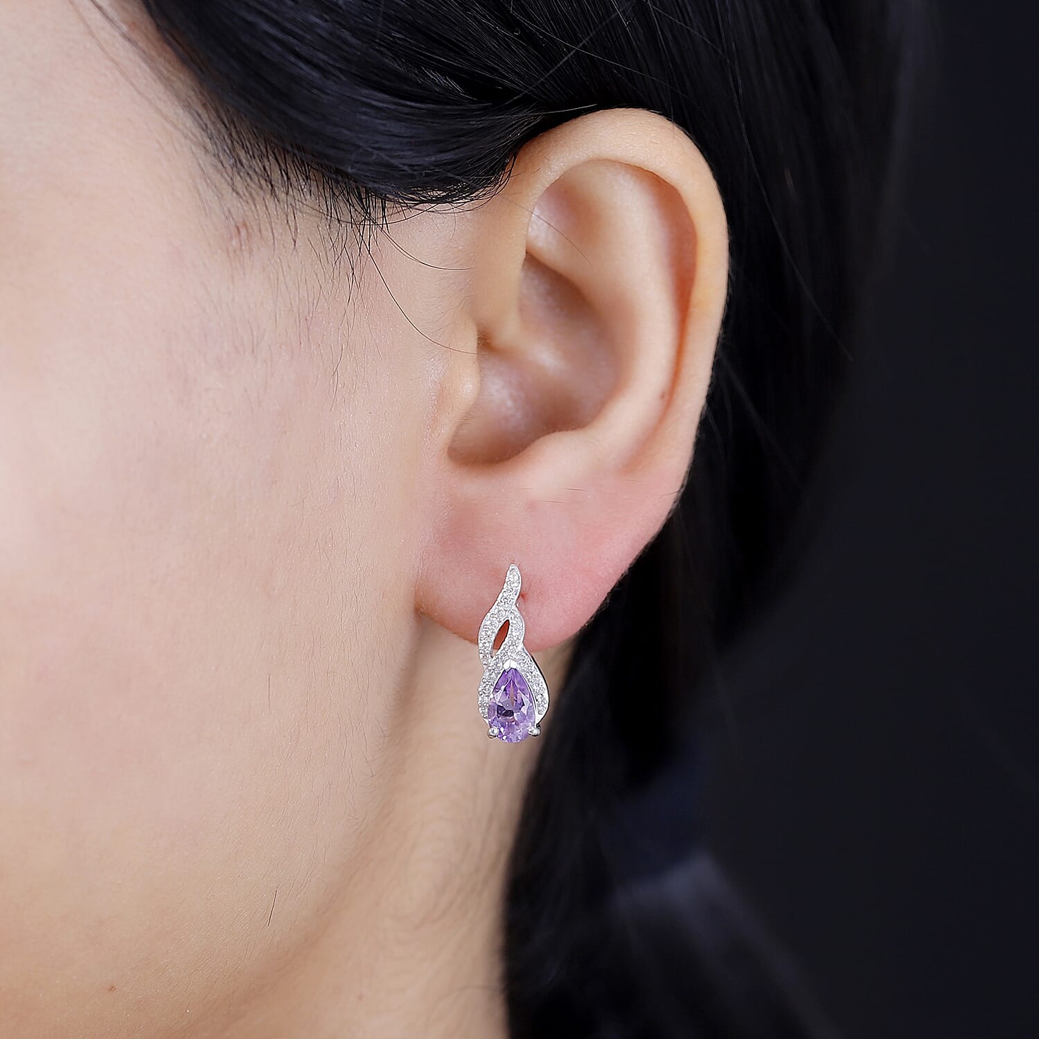 Moroccan Amethyst & White Zircon SolitaireStud Push Post Earring With Push Back in Rhodium Overlay Sterling Silver 1.97 Ct.