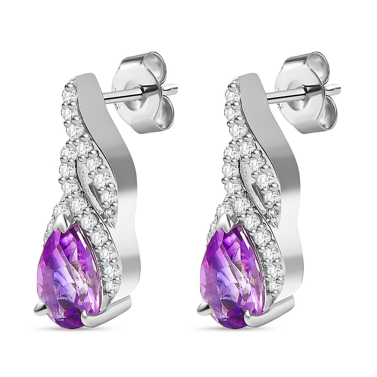 Moroccan Amethyst & White Zircon SolitaireStud Push Post Earring With Push Back in Rhodium Overlay Sterling Silver 1.97 Ct.