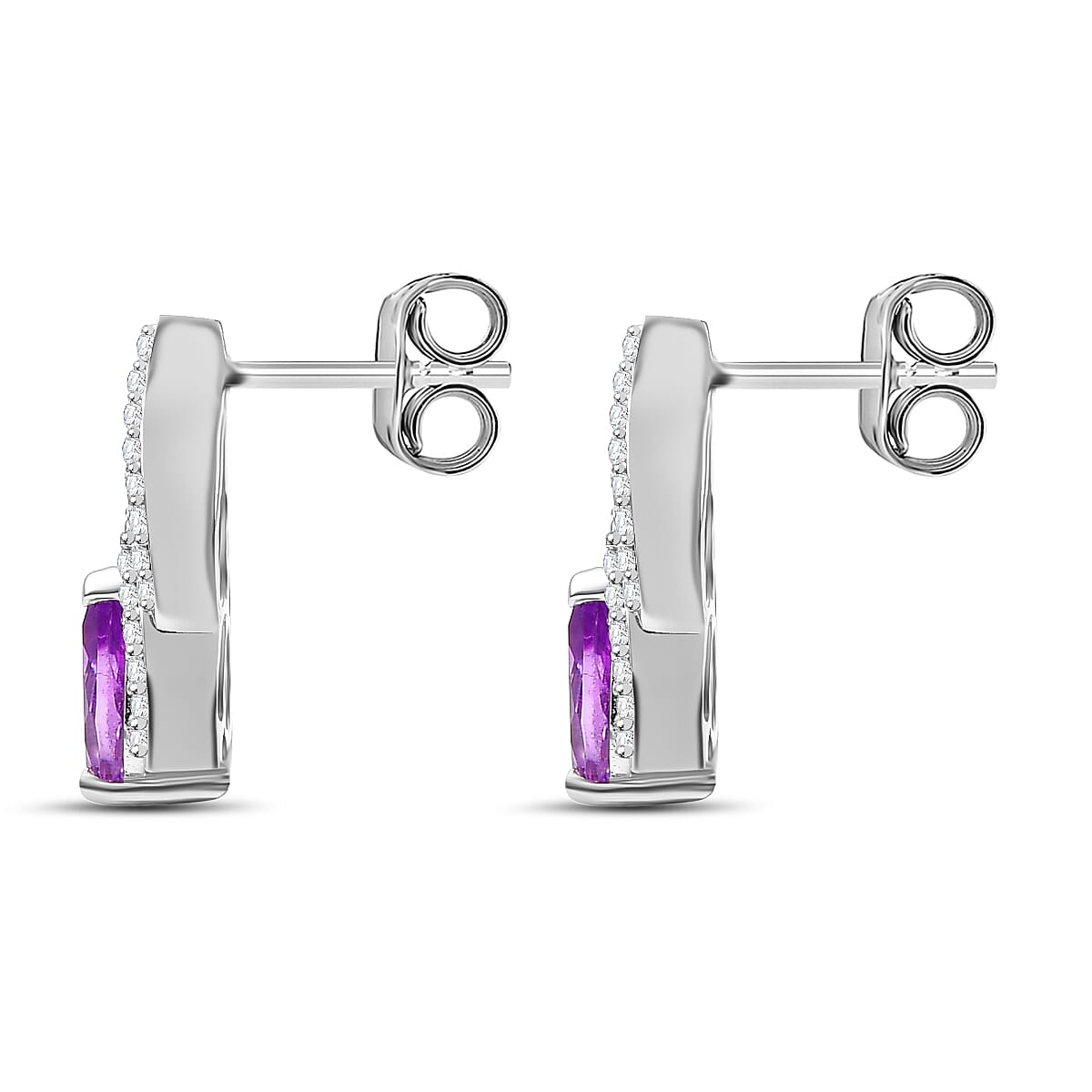 Moroccan Amethyst & White Zircon SolitaireStud Push Post Earring With Push Back in Rhodium Overlay Sterling Silver 1.97 Ct.