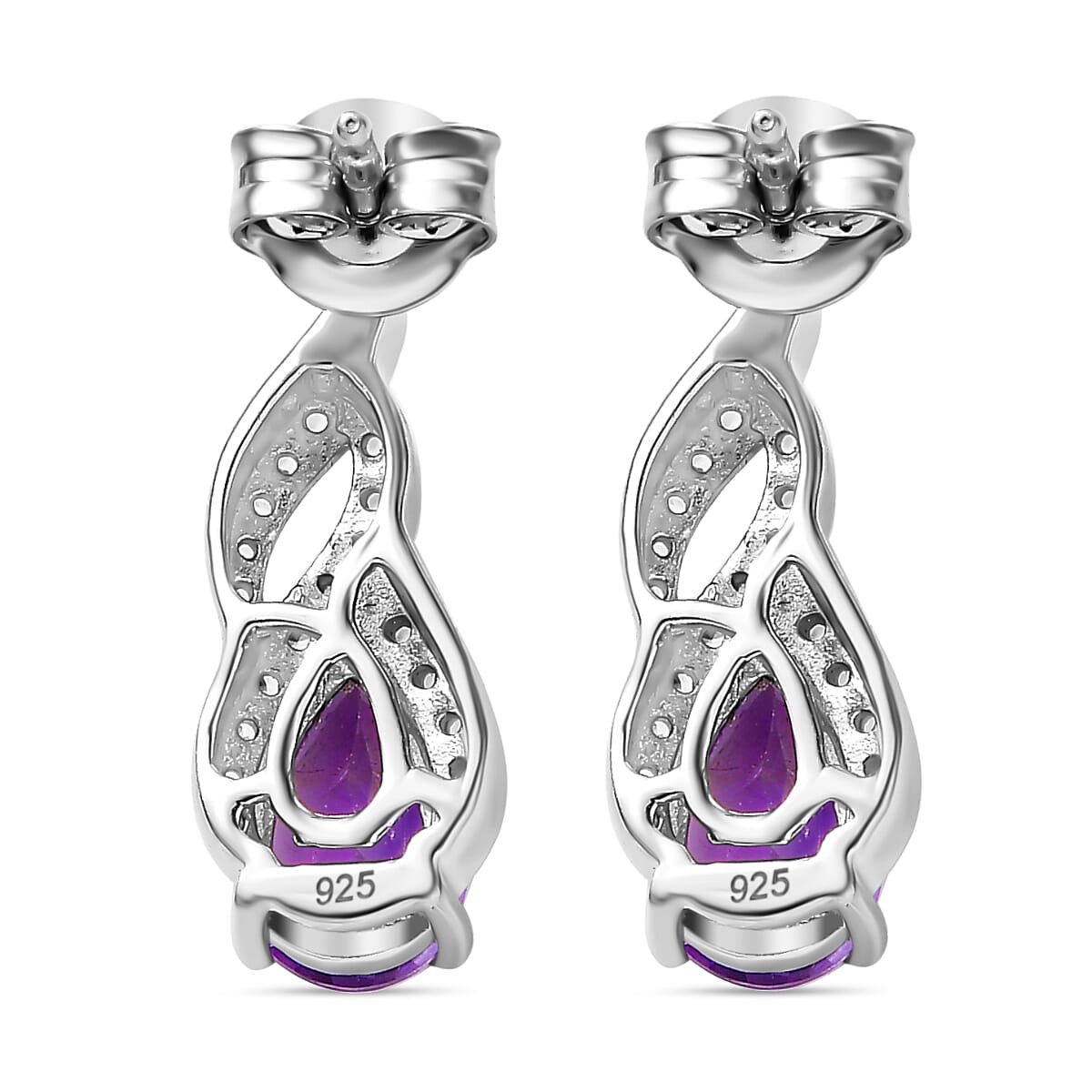 Moroccan Amethyst & White Zircon SolitaireStud Push Post Earring With Push Back in Rhodium Overlay Sterling Silver 1.97 Ct.