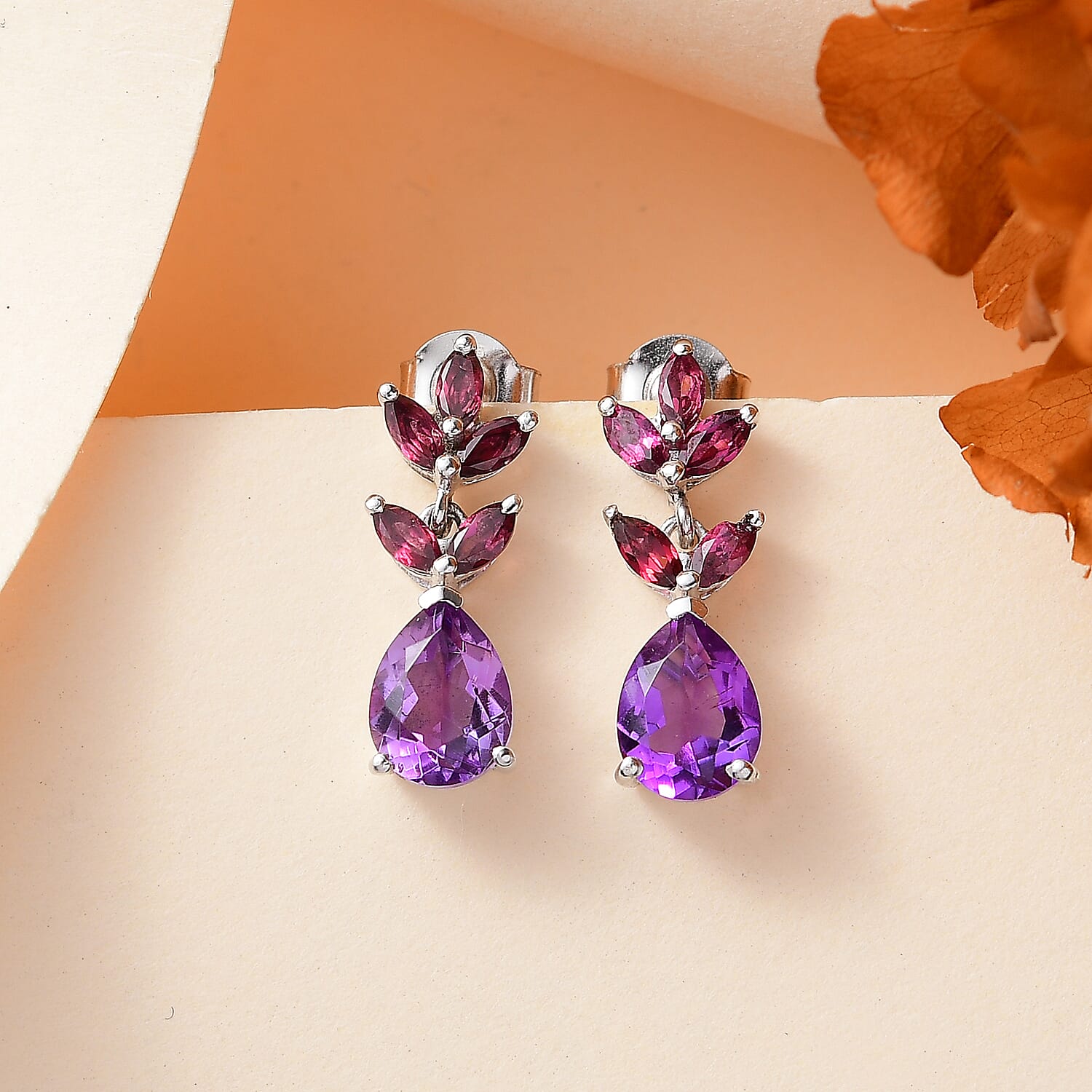 Natural Rose De Morocco & Rhodolite Garnet  Dangling Earring With Push Back in Rhodium overlay Sterling Silver 3.312 Ct.