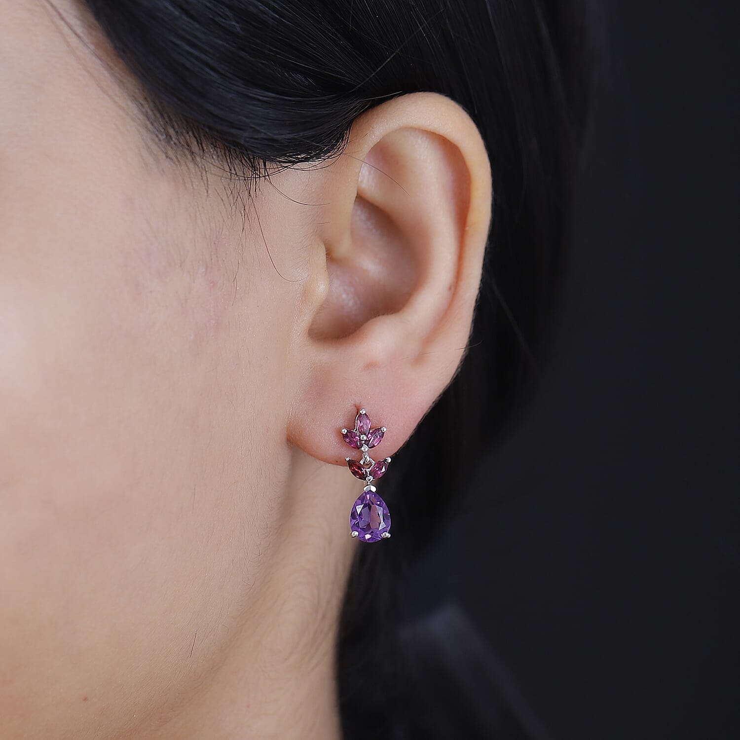 Natural Rose De Morocco & Rhodolite Garnet  Dangling Earring With Push Back in Rhodium overlay Sterling Silver 3.312 Ct.