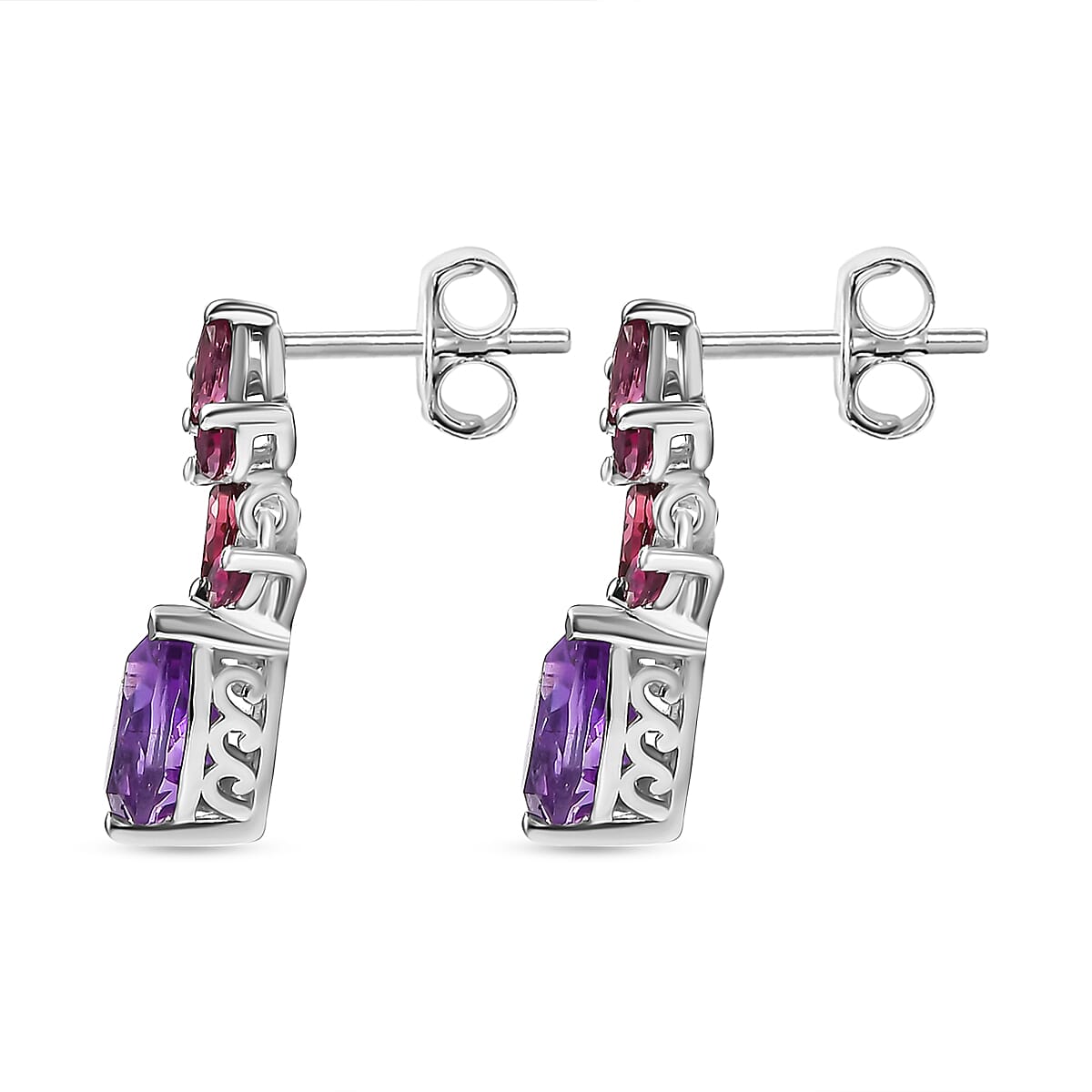Natural Rose De Morocco & Rhodolite Garnet  Dangling Earring With Push Back in Rhodium overlay Sterling Silver 3.312 Ct.