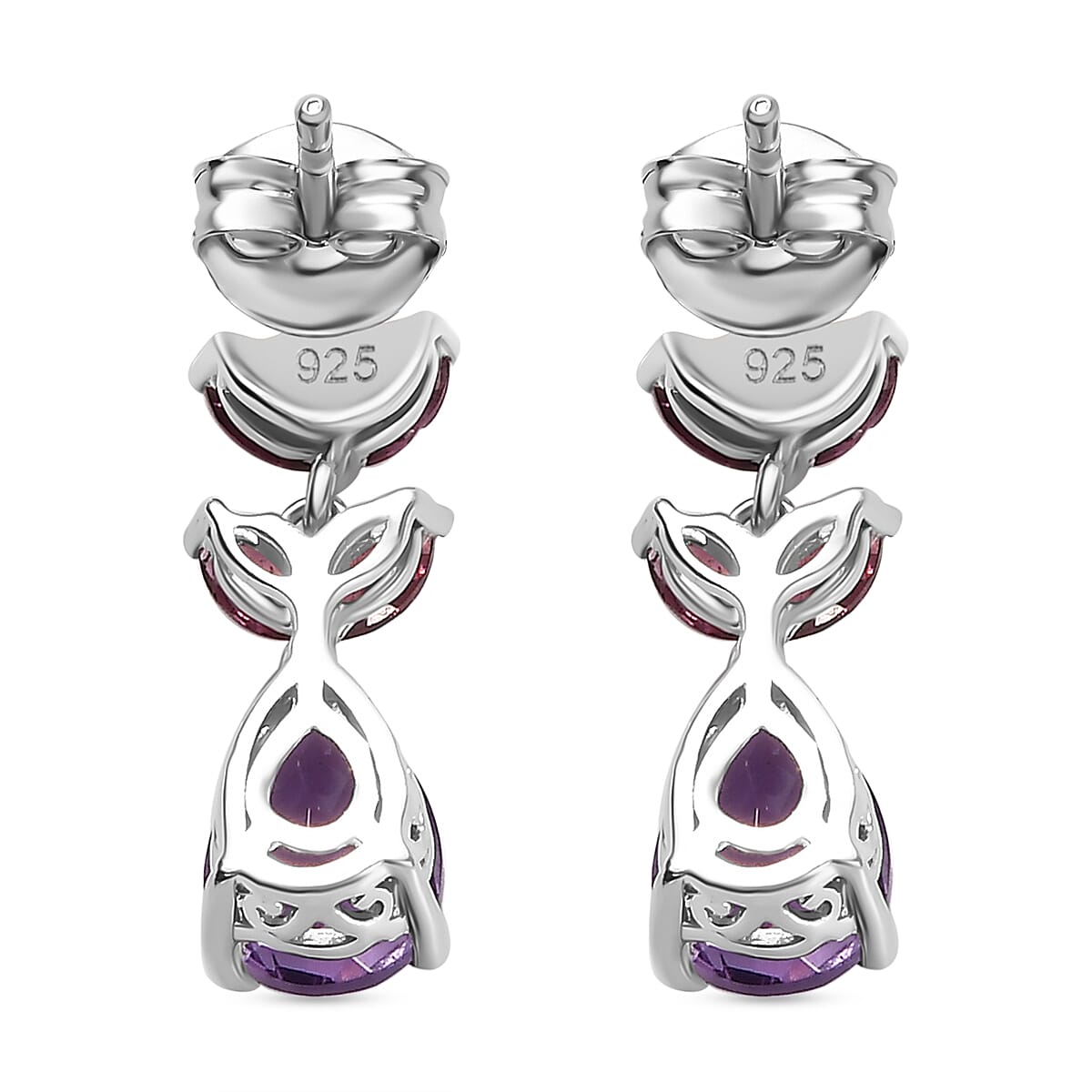Natural Rose De Morocco & Rhodolite Garnet  Dangling Earring With Push Back in Rhodium overlay Sterling Silver 3.312 Ct.