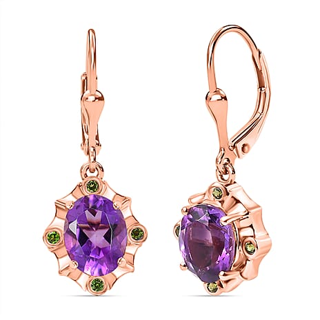 Natural Rose De Morocco, Natural Chrome Diopside Solitaire Lever Back Earring With Lever Back in 18K Vermeil Rose Gold Plated  3.58 Ct.